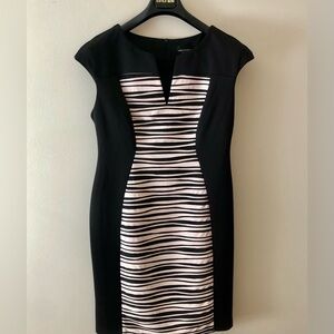 Connected Apparel Black Midi Dress with nude & Black Striped Front